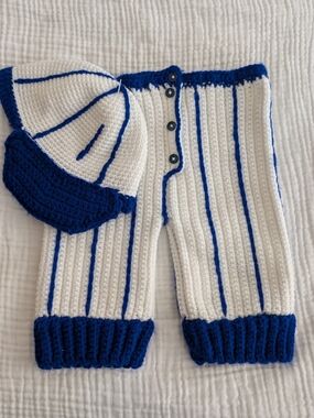 Handmade White and Blue Knit Baseball Pants & Cap Set